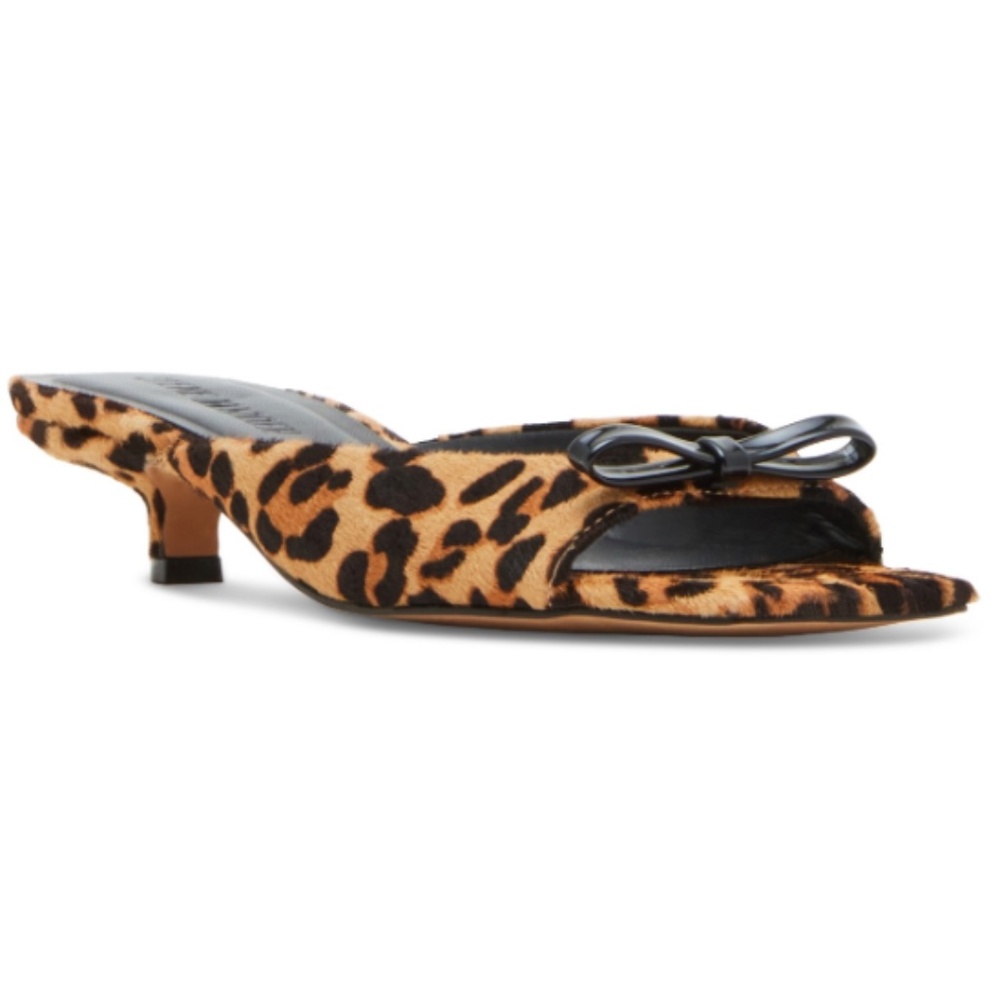 Leopard Print Kitten Heel Slide Sandals with Bow